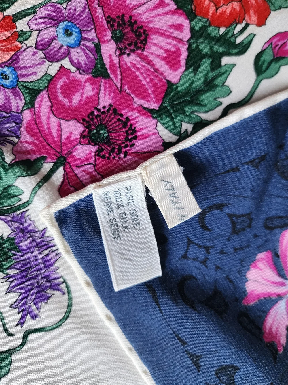 Auth Dior Floral Silk Scarf in Navy, White, Pink, Red, Blue, Green, Purple